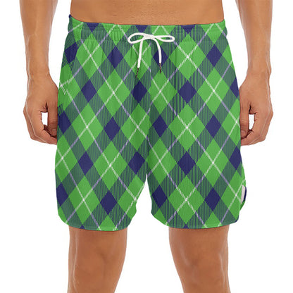 Green Blue And White Plaid Pattern Print Men's Split Running Shorts