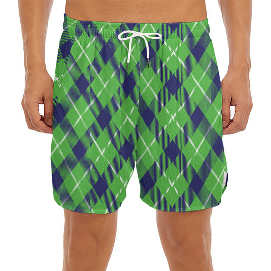 Green Blue And White Plaid Pattern Print Men's Split Running Shorts
