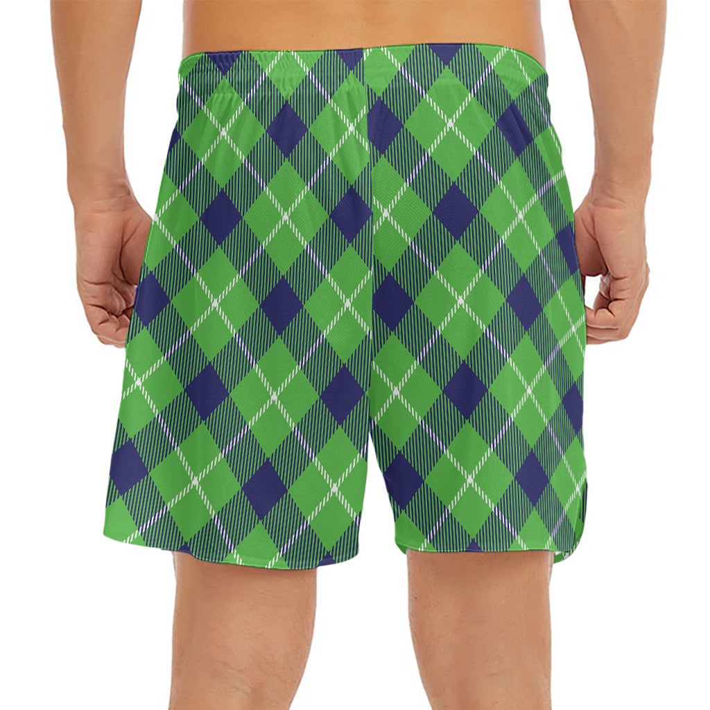 Green Blue And White Plaid Pattern Print Men's Split Running Shorts