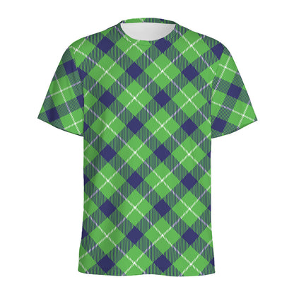 Green Blue And White Plaid Pattern Print Men's Sports T-Shirt