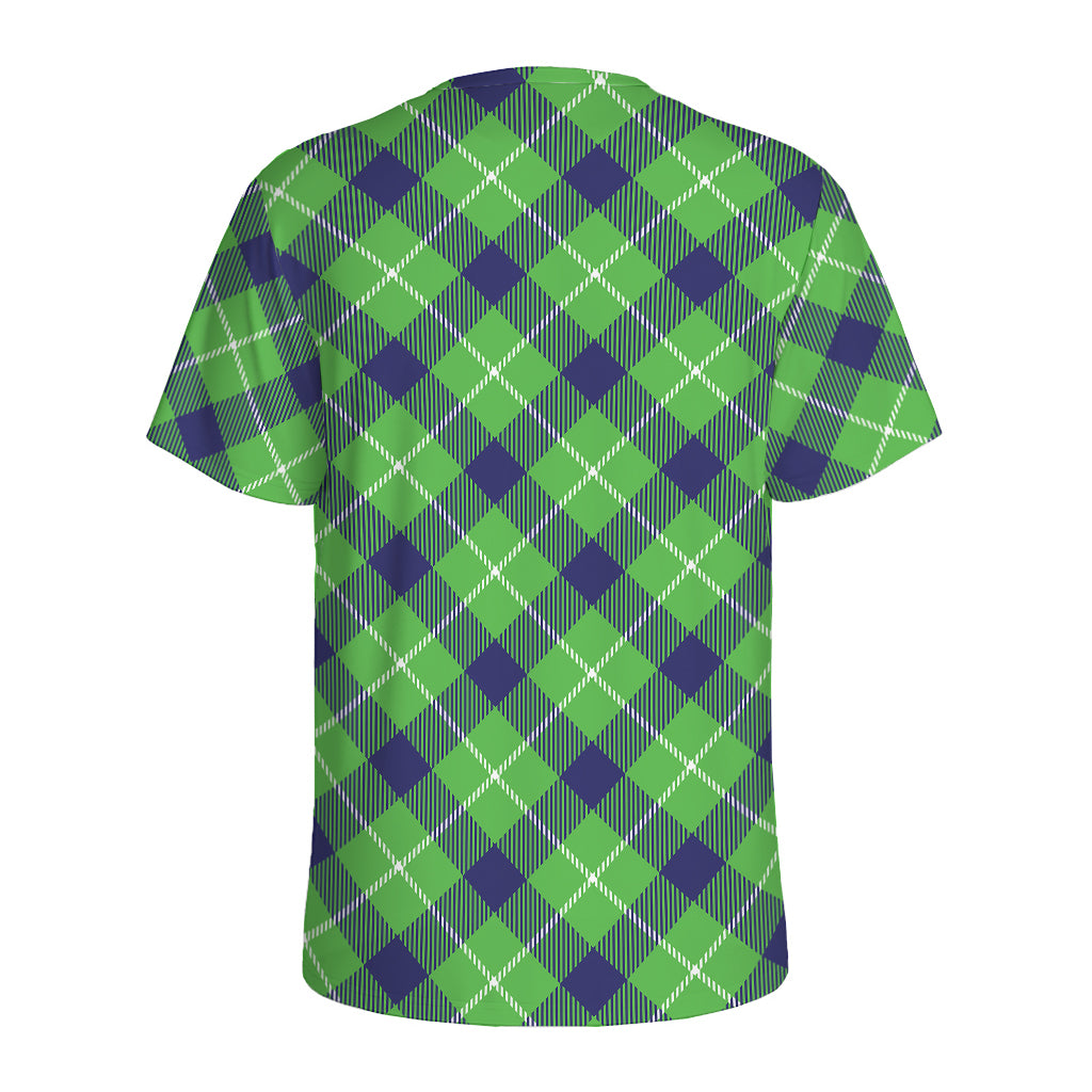 Green Blue And White Plaid Pattern Print Men's Sports T-Shirt