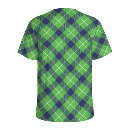 Green Blue And White Plaid Pattern Print Men's Sports T-Shirt