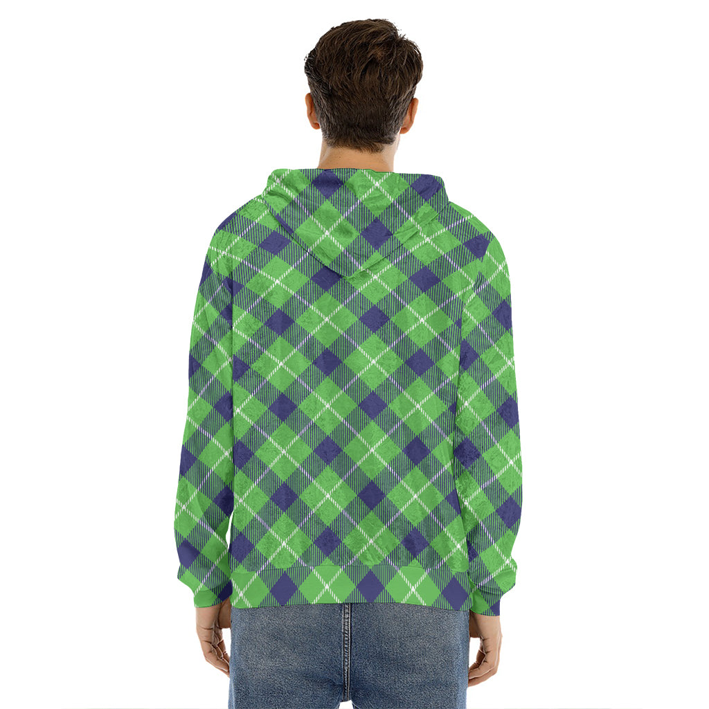 Green Blue And White Plaid Pattern Print Men's Velvet Pullover Hoodie
