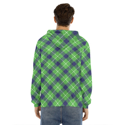 Green Blue And White Plaid Pattern Print Men's Velvet Pullover Hoodie