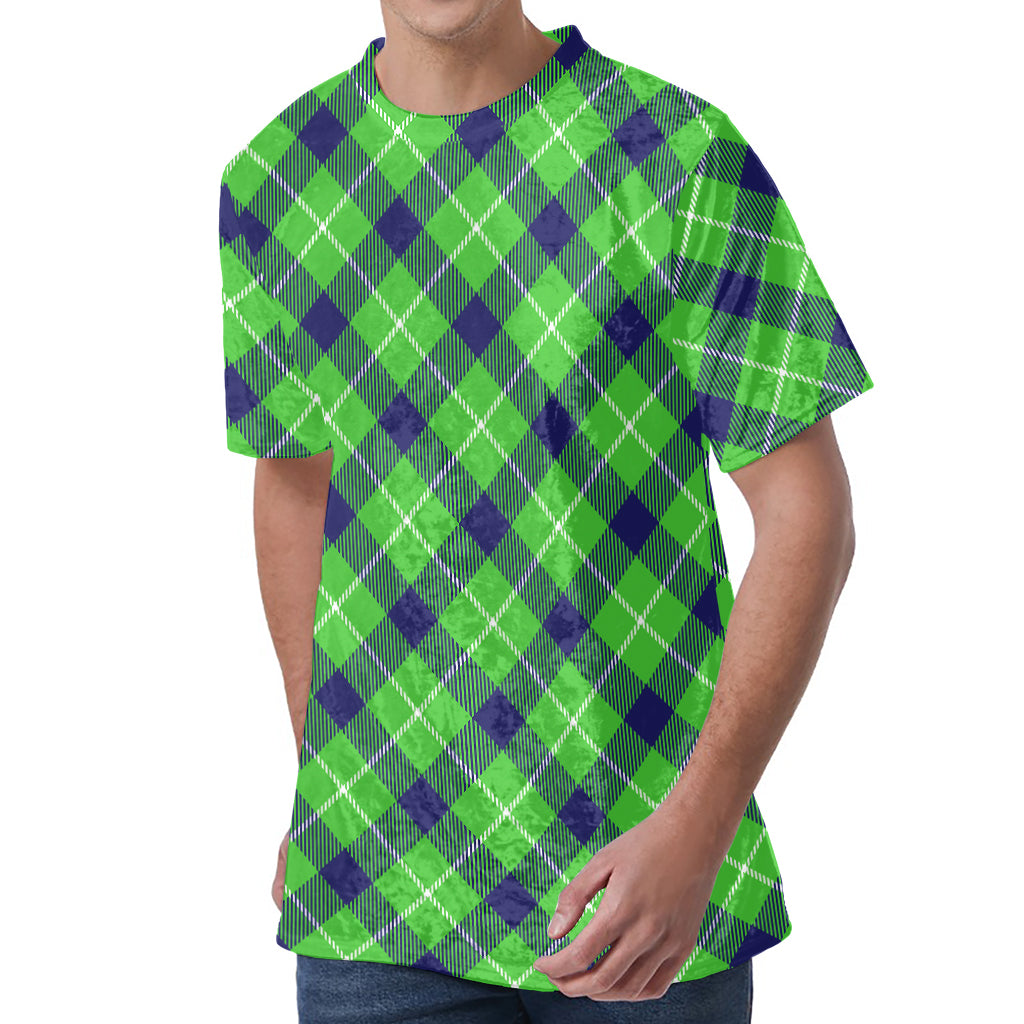 Green Blue And White Plaid Pattern Print Men's Velvet T-Shirt