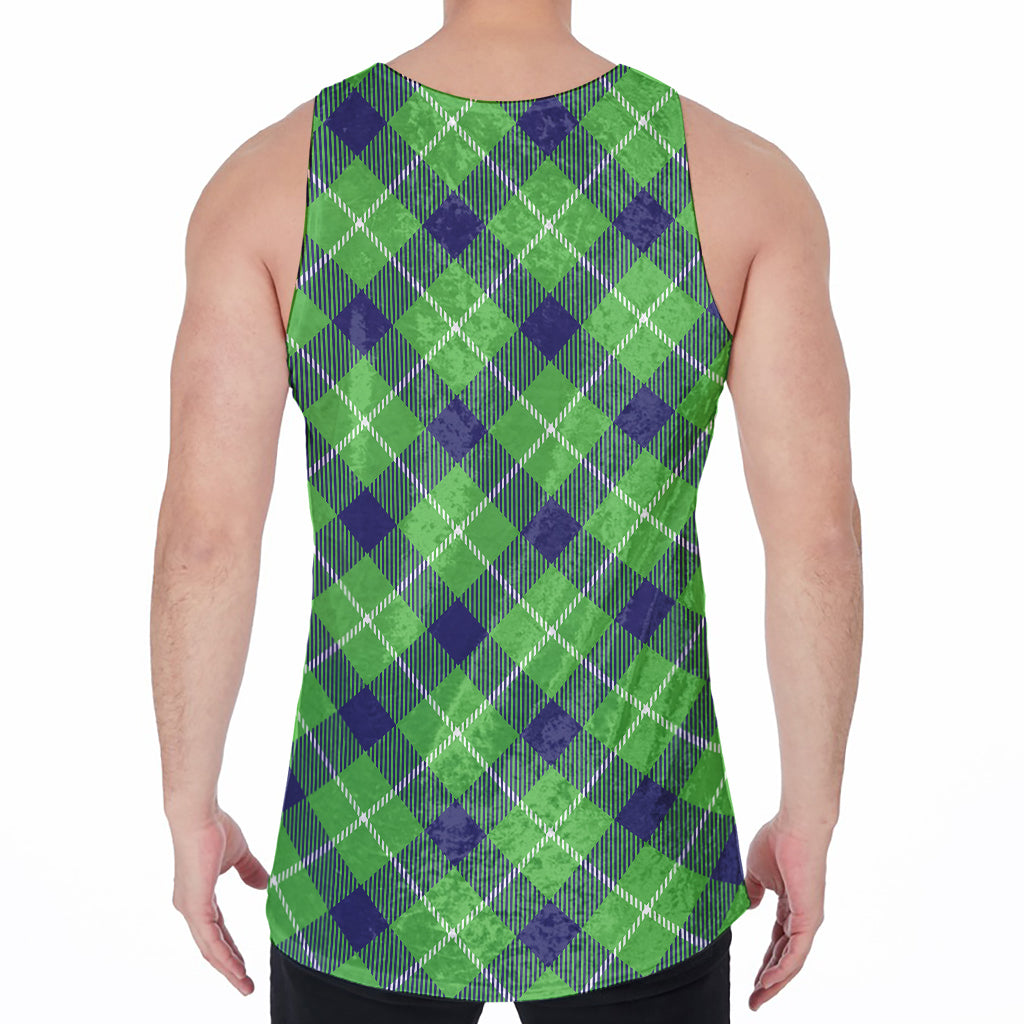 Green Blue And White Plaid Pattern Print Men's Velvet Tank Top