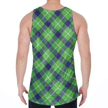 Green Blue And White Plaid Pattern Print Men's Velvet Tank Top