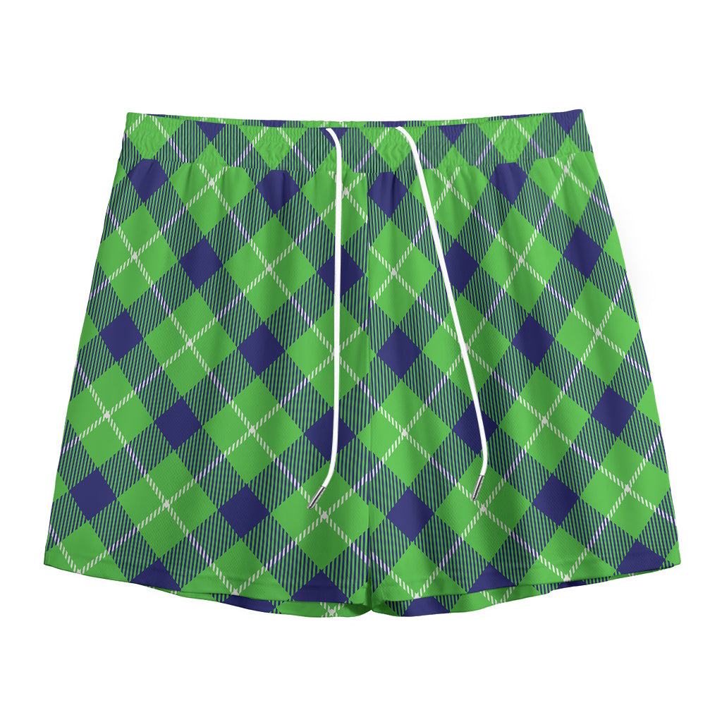 Green Blue And White Plaid Pattern Print Mesh Shorts