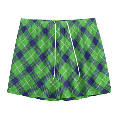 Green Blue And White Plaid Pattern Print Mesh Shorts