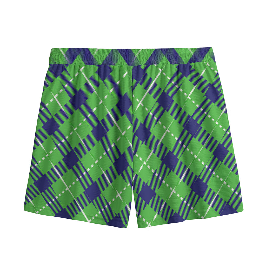 Green Blue And White Plaid Pattern Print Mesh Shorts