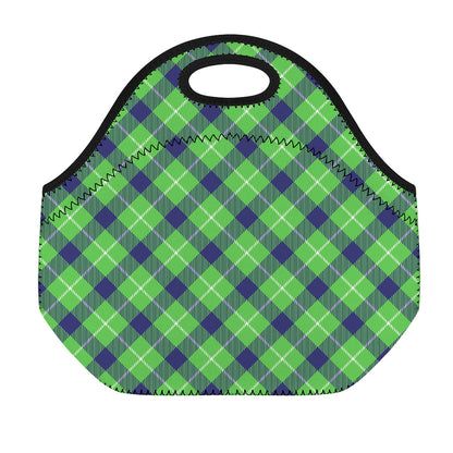 Green Blue And White Plaid Pattern Print Neoprene Lunch Bag