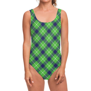 Green Blue And White Plaid Pattern Print One Piece Swimsuit