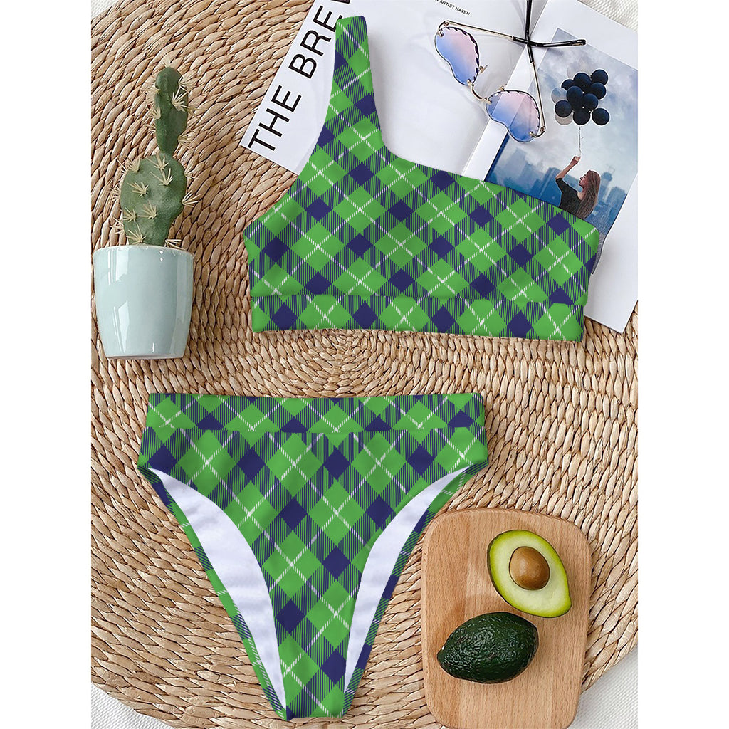 Green Blue And White Plaid Pattern Print One Shoulder Bikini Top