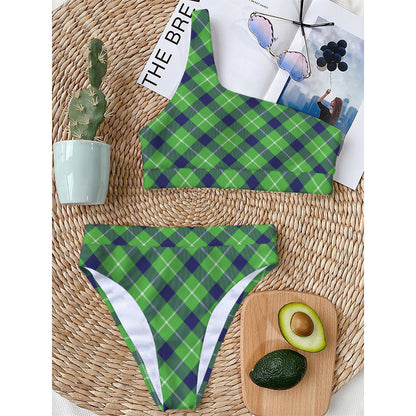 Green Blue And White Plaid Pattern Print One Shoulder Bikini Top