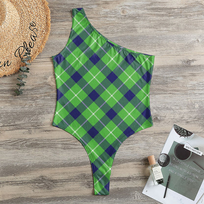 Green Blue And White Plaid Pattern Print One Shoulder Bodysuit