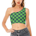 Green Blue And White Plaid Pattern Print One Shoulder Crop Top