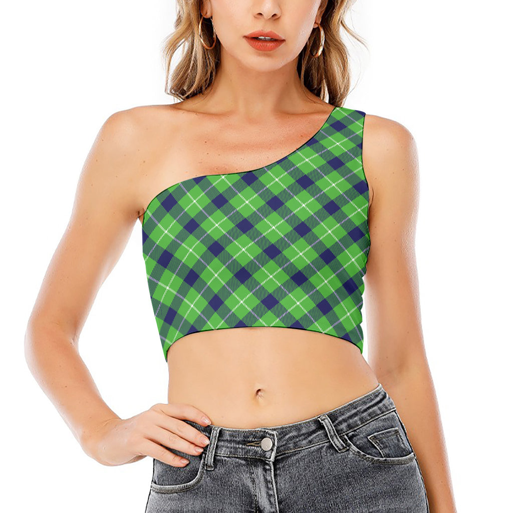 Green Blue And White Plaid Pattern Print One Shoulder Crop Top