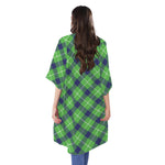 Green Blue And White Plaid Pattern Print Open Front Beach Cover Up