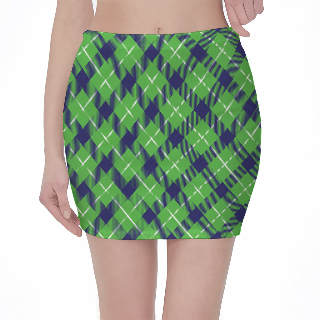 Green Blue And White Plaid Pattern Print Pencil Mini Skirt