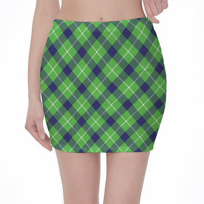 Green Blue And White Plaid Pattern Print Pencil Mini Skirt