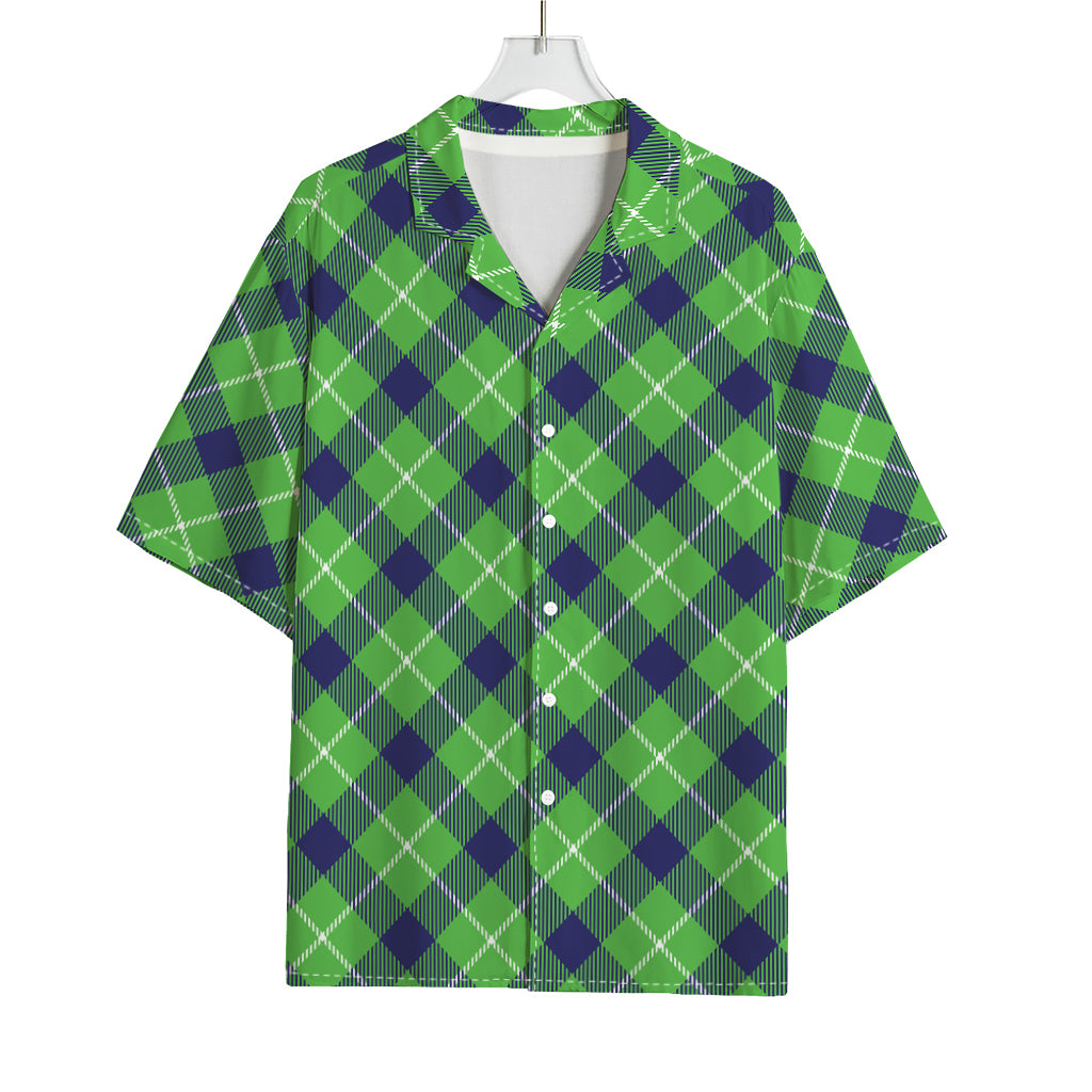 Green Blue And White Plaid Pattern Print Rayon Hawaiian Shirt
