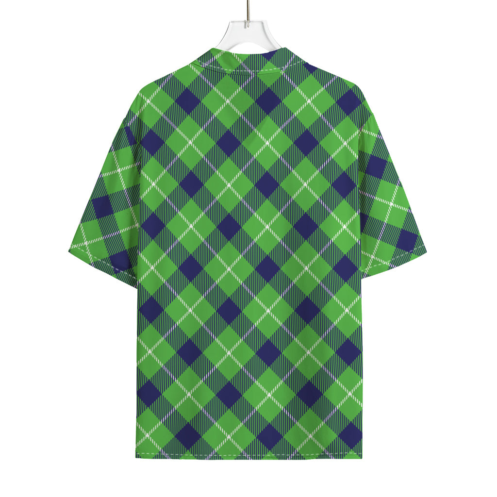 Green Blue And White Plaid Pattern Print Rayon Hawaiian Shirt