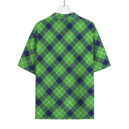 Green Blue And White Plaid Pattern Print Rayon Hawaiian Shirt