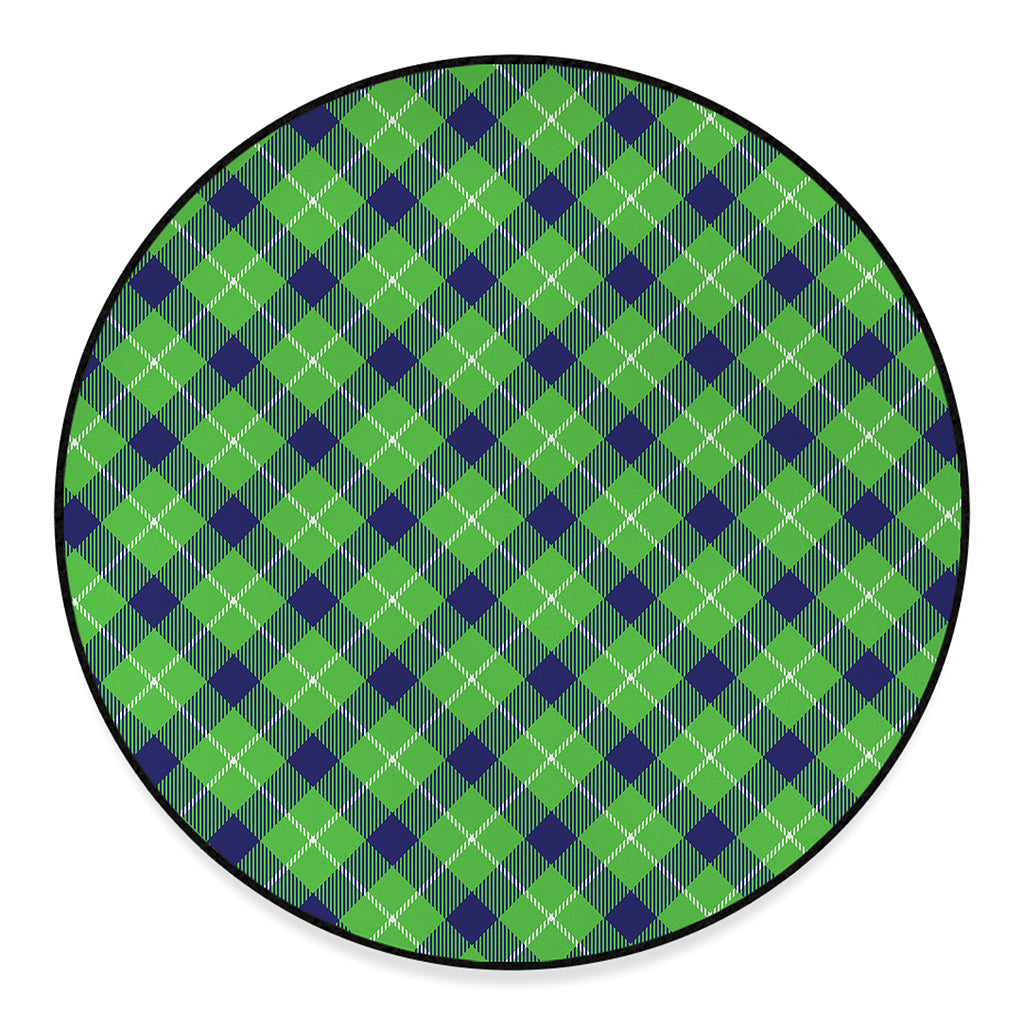 Green Blue And White Plaid Pattern Print Round Floor Mat