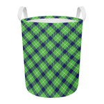 Green Blue And White Plaid Pattern Print Round Laundry Basket