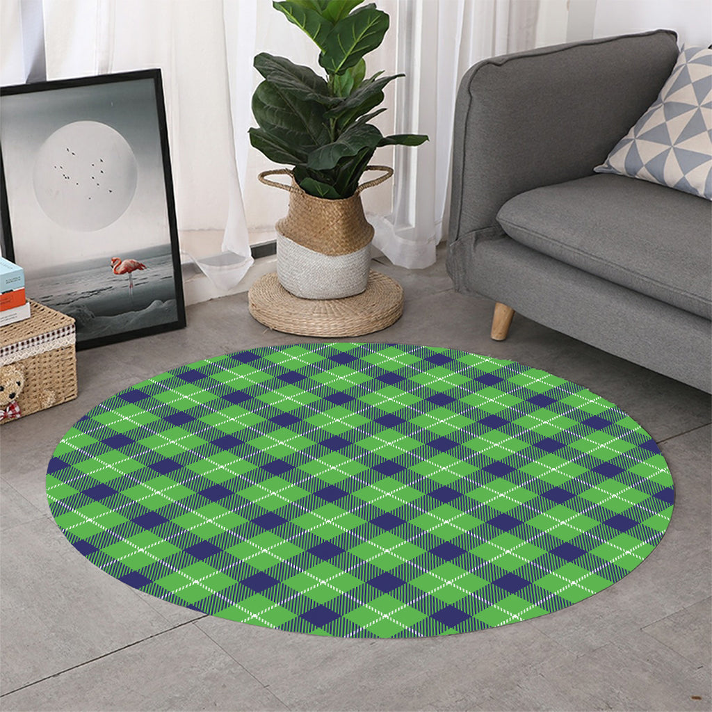 Green Blue And White Plaid Pattern Print Round Rug