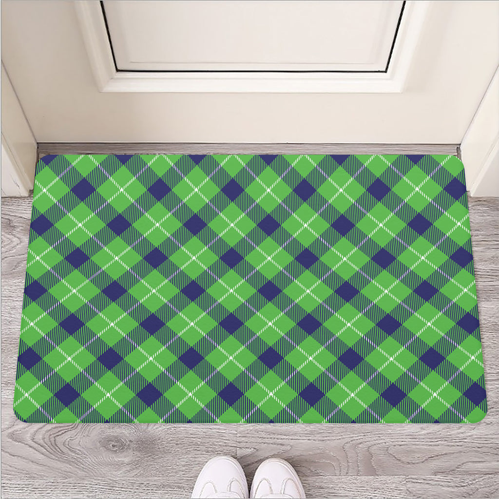 Green Blue And White Plaid Pattern Print Rubber Doormat