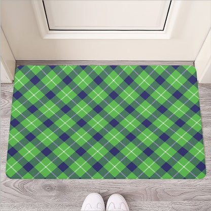 Green Blue And White Plaid Pattern Print Rubber Doormat
