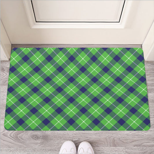 Green Blue And White Plaid Pattern Print Rubber Doormat