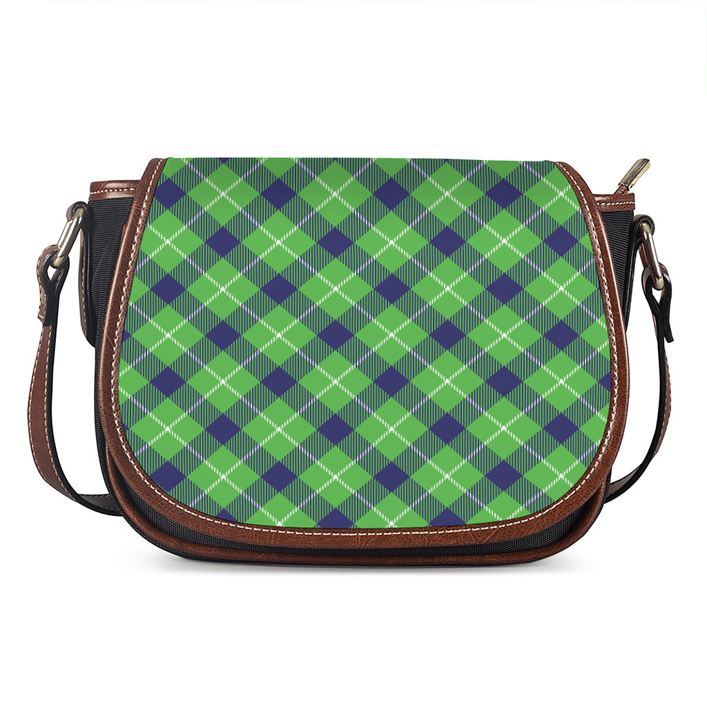 Green Blue And White Plaid Pattern Print Saddle Bag