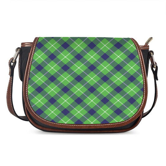 Green Blue And White Plaid Pattern Print Saddle Bag