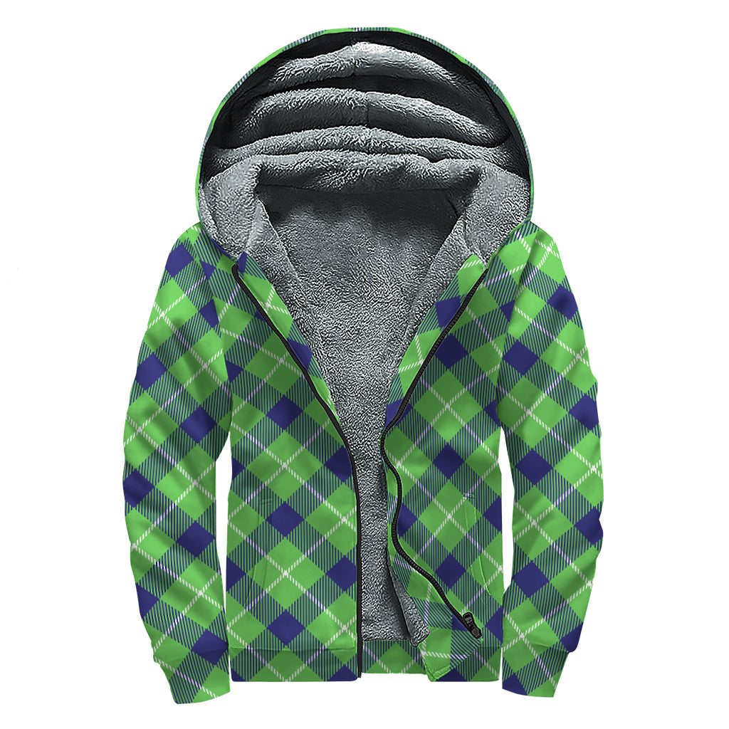 Green Blue And White Plaid Pattern Print Sherpa Lined Zip Up Hoodie