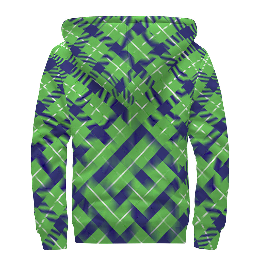 Green Blue And White Plaid Pattern Print Sherpa Lined Zip Up Hoodie