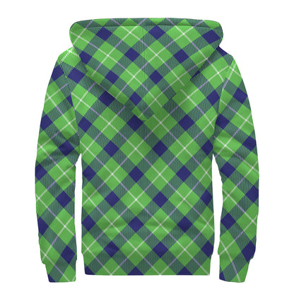 Green Blue And White Plaid Pattern Print Sherpa Lined Zip Up Hoodie