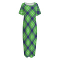 Green Blue And White Plaid Pattern Print Short Sleeve Long Nightdress