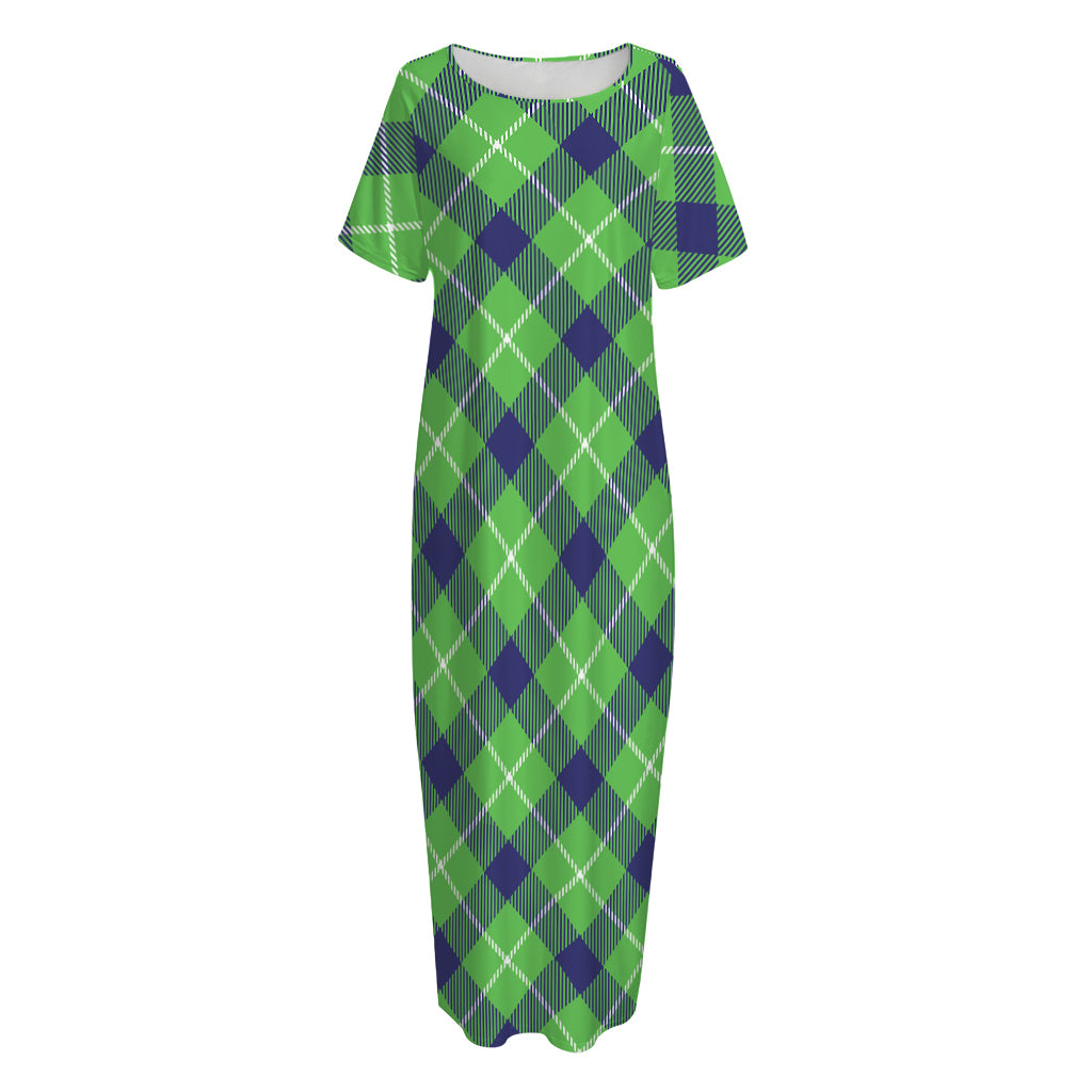Green Blue And White Plaid Pattern Print Short Sleeve Long Nightdress