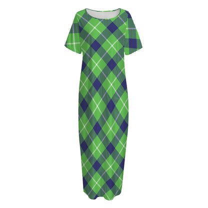 Green Blue And White Plaid Pattern Print Short Sleeve Long Nightdress