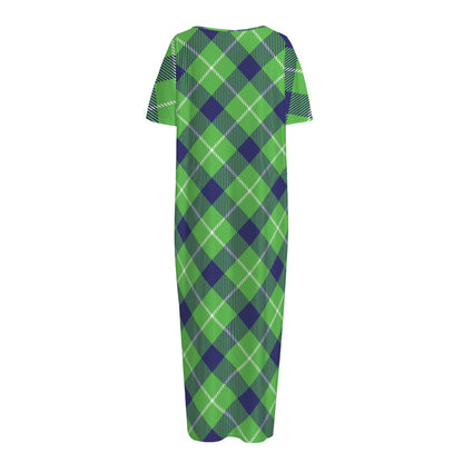 Green Blue And White Plaid Pattern Print Short Sleeve Long Nightdress