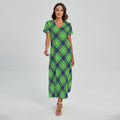 Green Blue And White Plaid Pattern Print Short Sleeve Maxi Dress