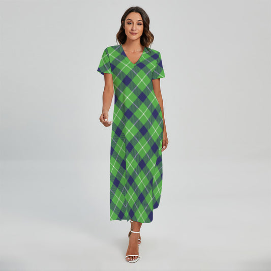 Green Blue And White Plaid Pattern Print Short Sleeve Maxi Dress