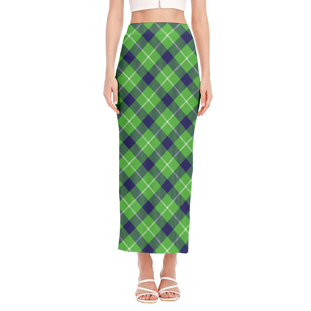 Green Blue And White Plaid Pattern Print Side Slit Maxi Skirt