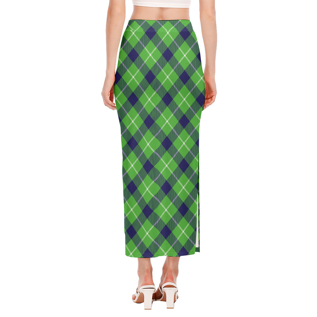Green Blue And White Plaid Pattern Print Side Slit Maxi Skirt