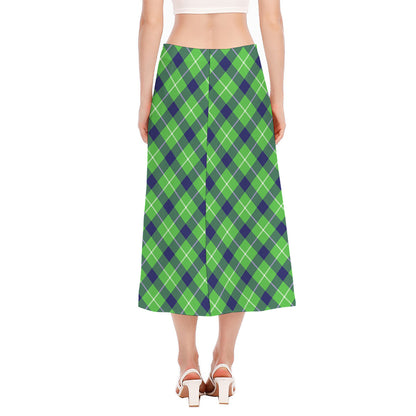 Green Blue And White Plaid Pattern Print Side Slit Midi Skirt