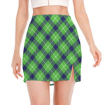 Green Blue And White Plaid Pattern Print Side Slit Mini Skirt
