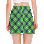 Green Blue And White Plaid Pattern Print Side Slit Mini Skirt