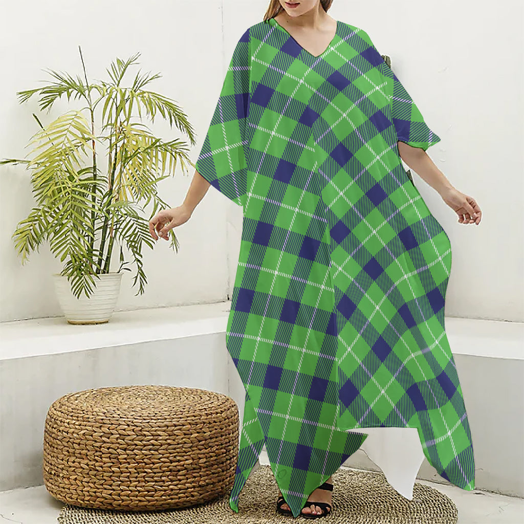 Green Blue And White Plaid Pattern Print Silk V-Neck Kaftan Dress